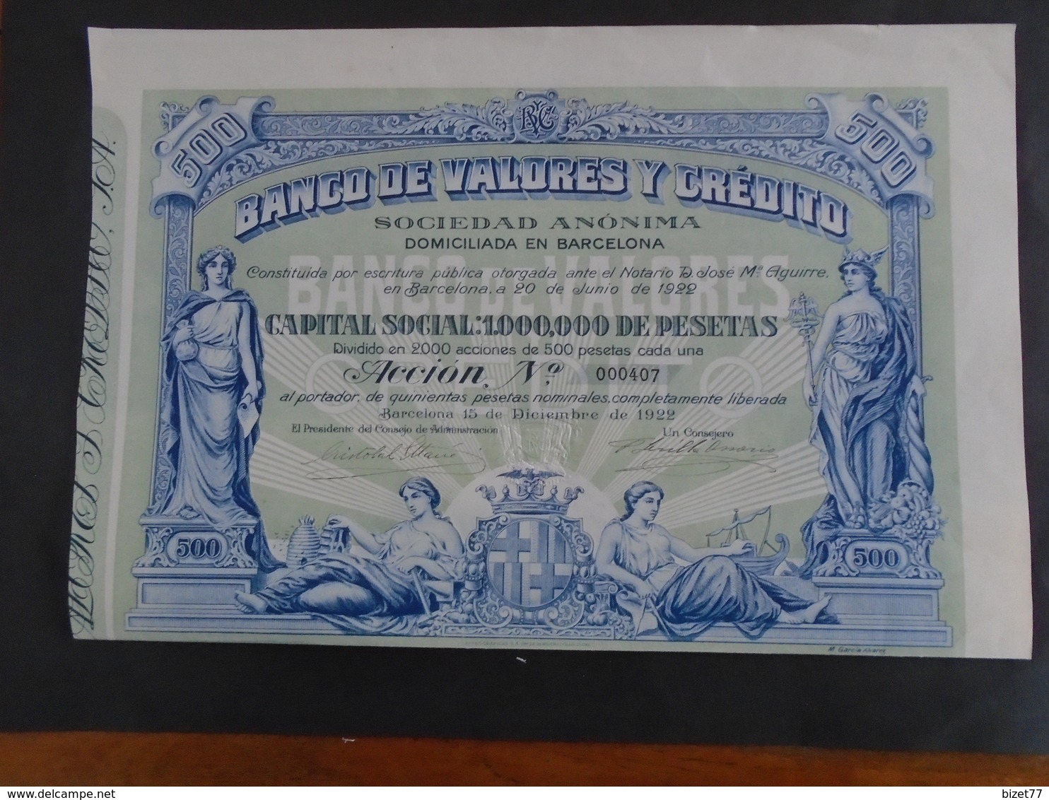ESPAGNE - BARCELONE - BANCO DE VALORES - ACTION 500 PESETAS - BARCELONE 1922 - BELLE ILLUSTRATION - Autres & Non Classés
