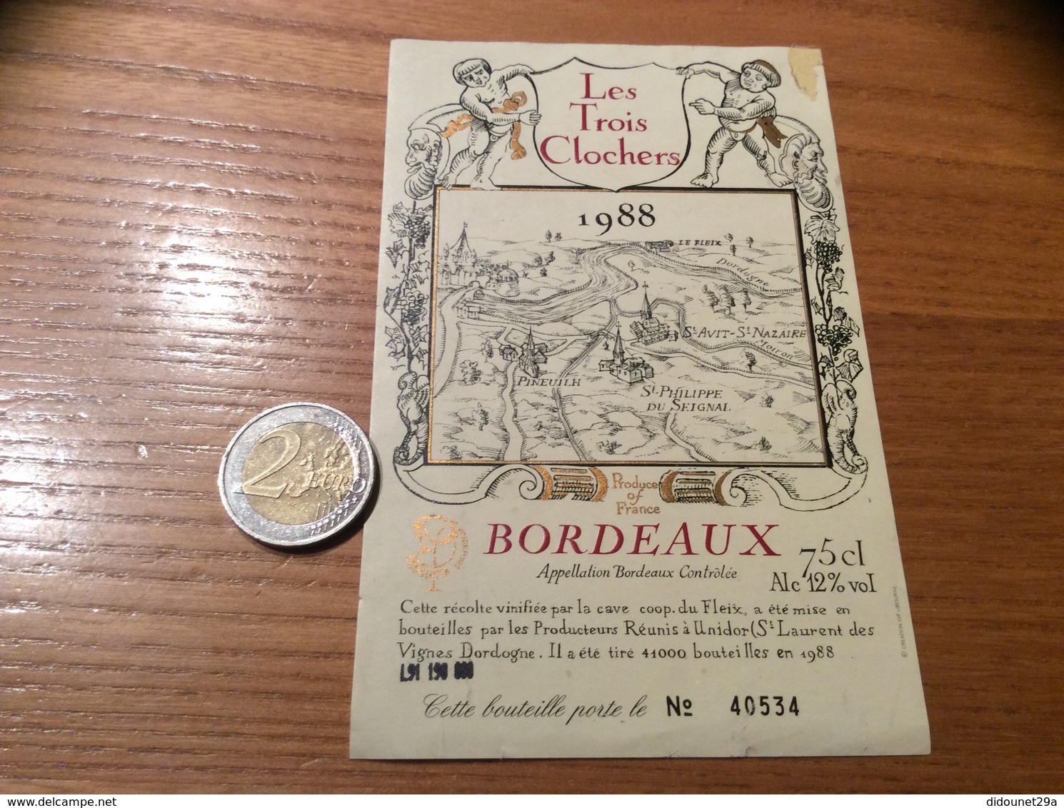 Etiquette De Vin 1988 Numéroté « BORDEAUX - Les Trois Clochers - Coop Du Fleix (33) » - Bordeaux