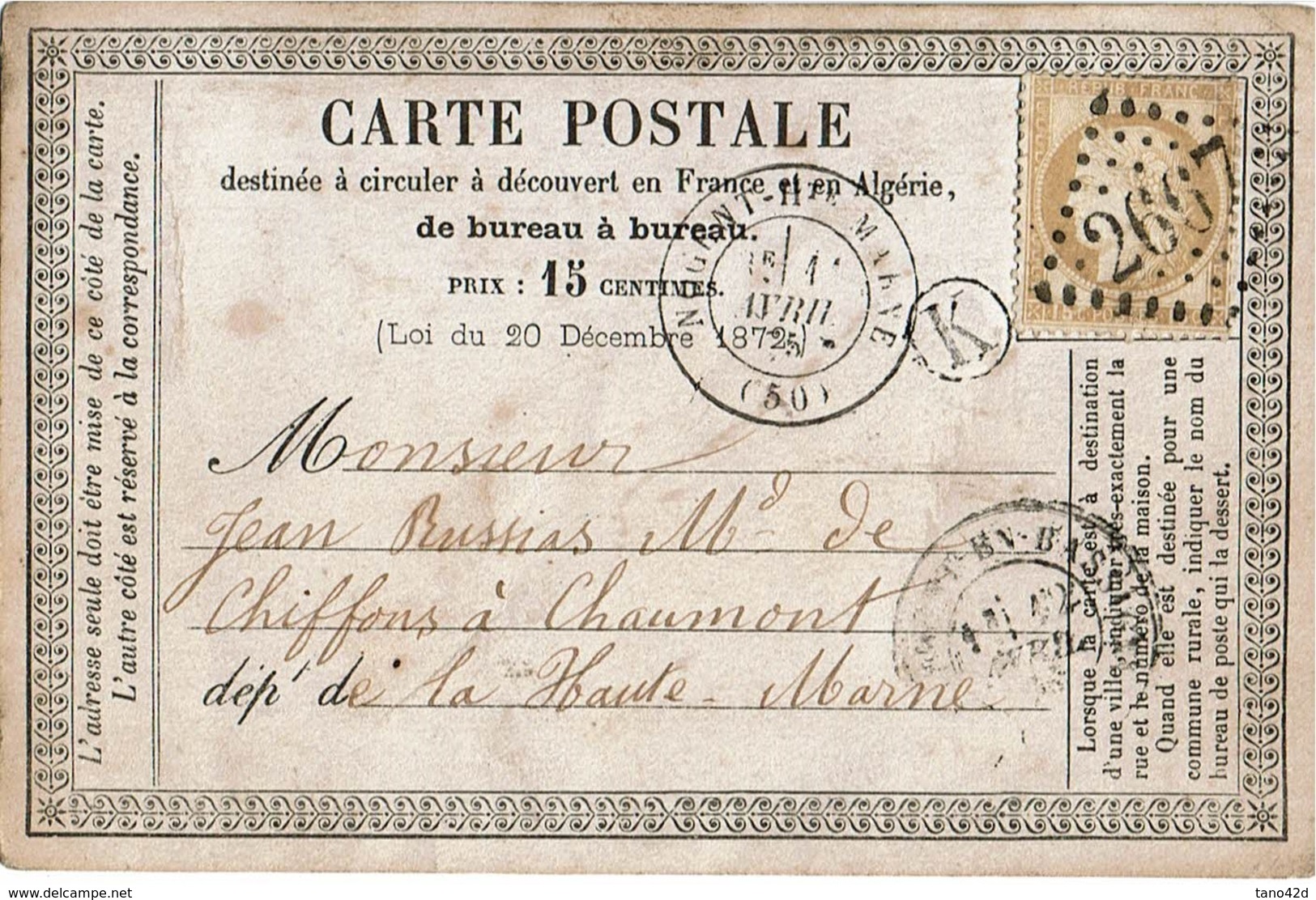 LSAU13 - CPO NOGENT / CHAUMONT 11/4/1875 - Cartes Précurseurs