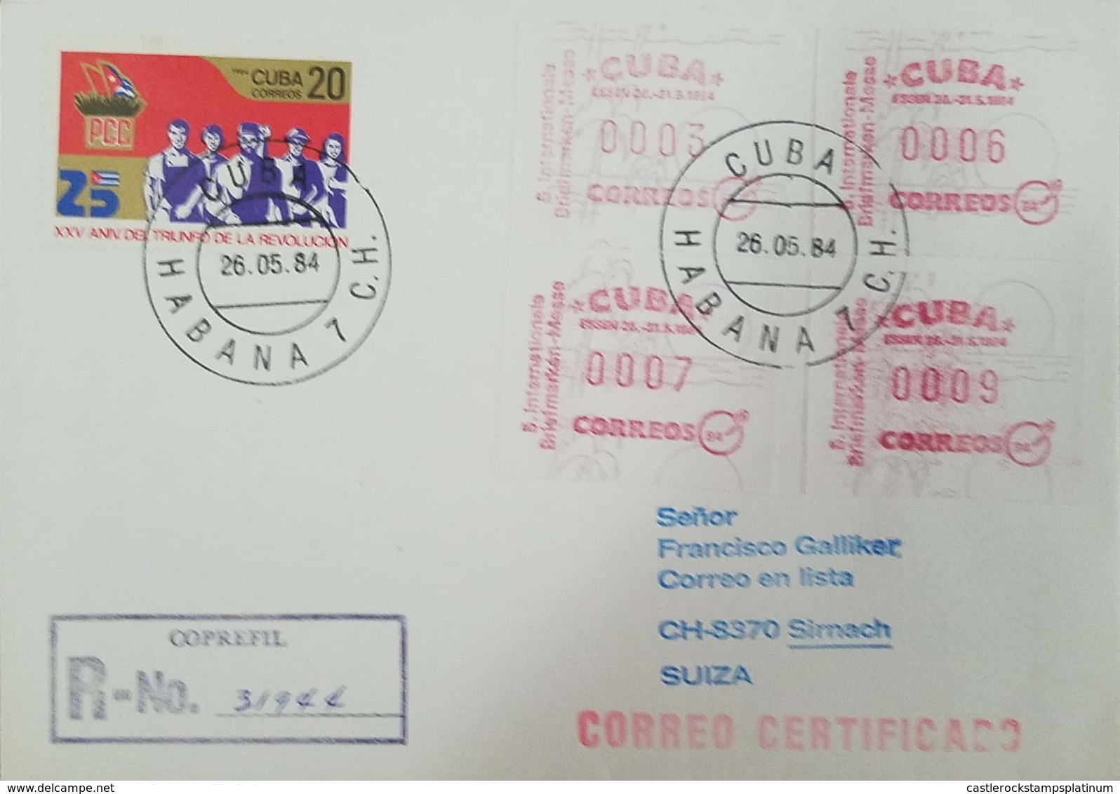 O) 1984 CUBA-CARIBBEAN. SPANISH ANTILLES, PCC - WORKERSMETER STAMP-PREPAYMENT-POSTAGE, REGISTERED COPREFIL, TO SWITZERLA - Lettres & Documents