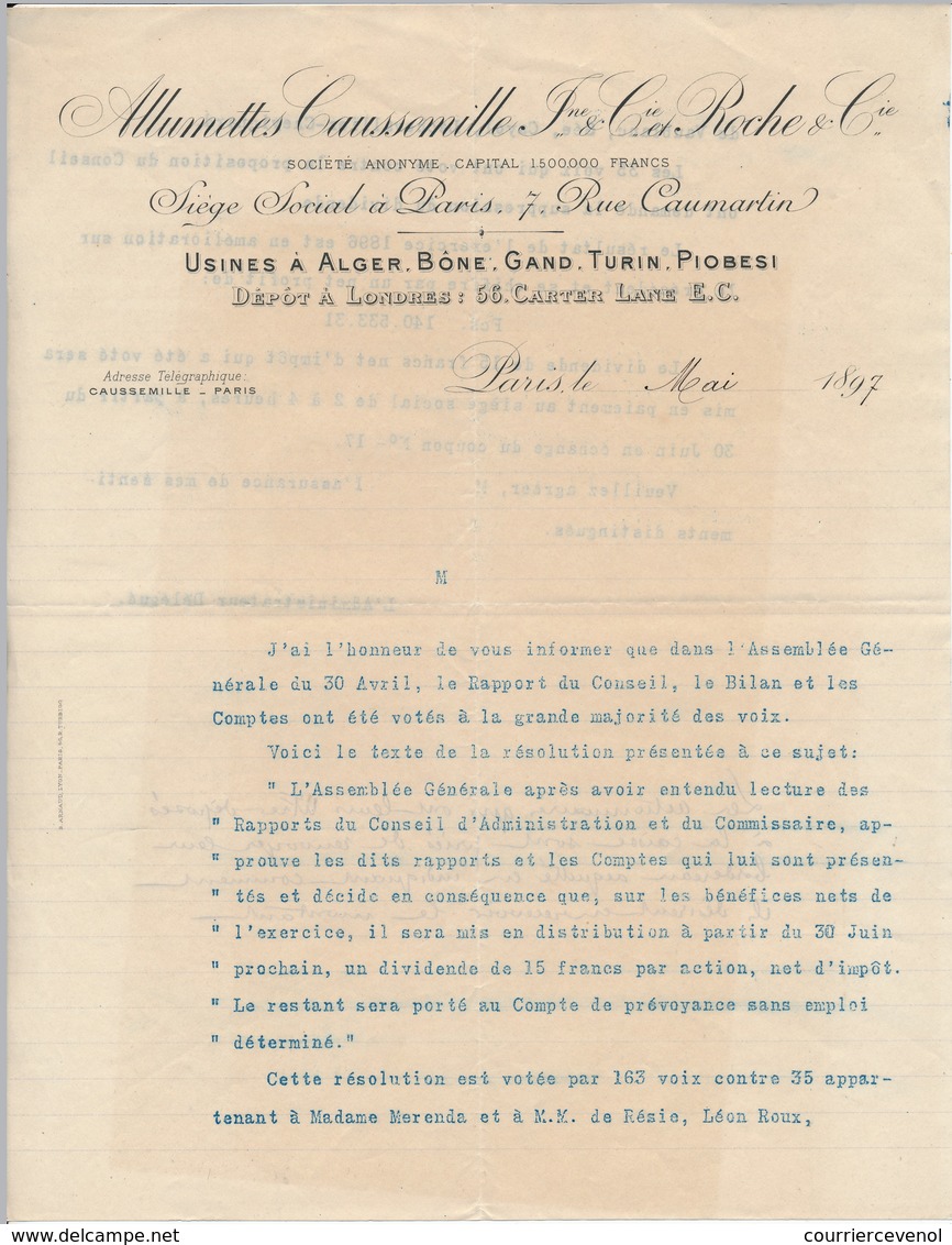 FRANCE - En-tête De Lettre "Allumettes Caussemille Et Roche Cie" Paris 7 Rue Caumartin - 1897 - Texte Polycopié - 1900 – 1949