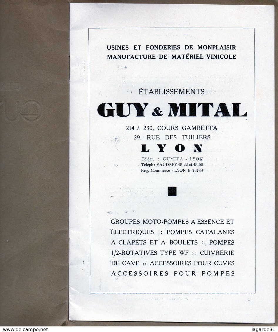 69 Lyon Etablissements Guy MITAL Materiel Vinicole Moto Pompe - Publicités