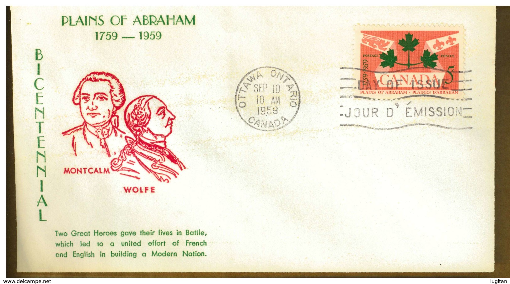 CANADA  - PLAINS OF ABRAHAM -  Y 1959 - FDC - 1952-1960