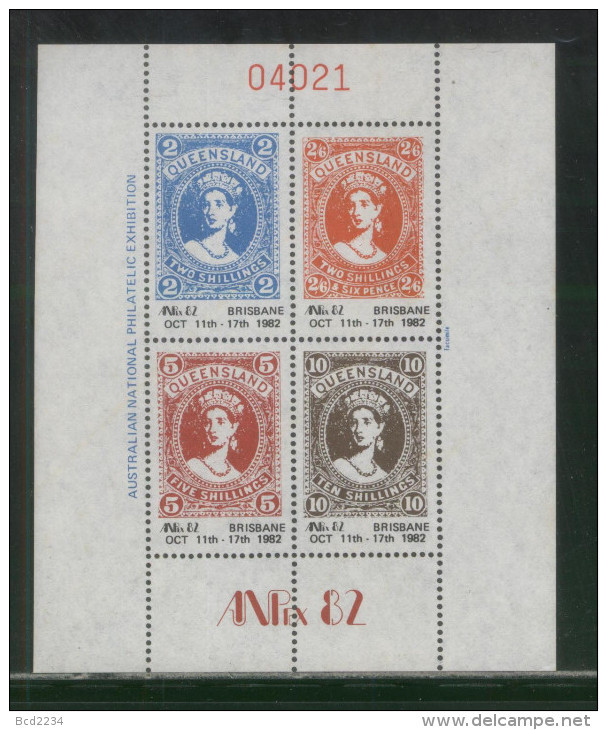 AUSTRALIA 1982 ANPEX BRISBANE PHILATELIC EXHIBITION EXPO SOUVENIR SHEET NHM STAMPS ON STAMPS QUEEN VICTORIA QUEENSLAND - Werbemarken, Vignetten