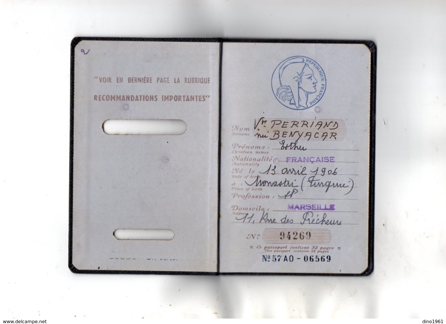 VP13.480 - MARSEILLE 1958 - JUDAICA - Passeport - Mme BENYCAR Née à MONASTIR (Turquie ) Veuve PERRIAND - Police & Gendarmerie