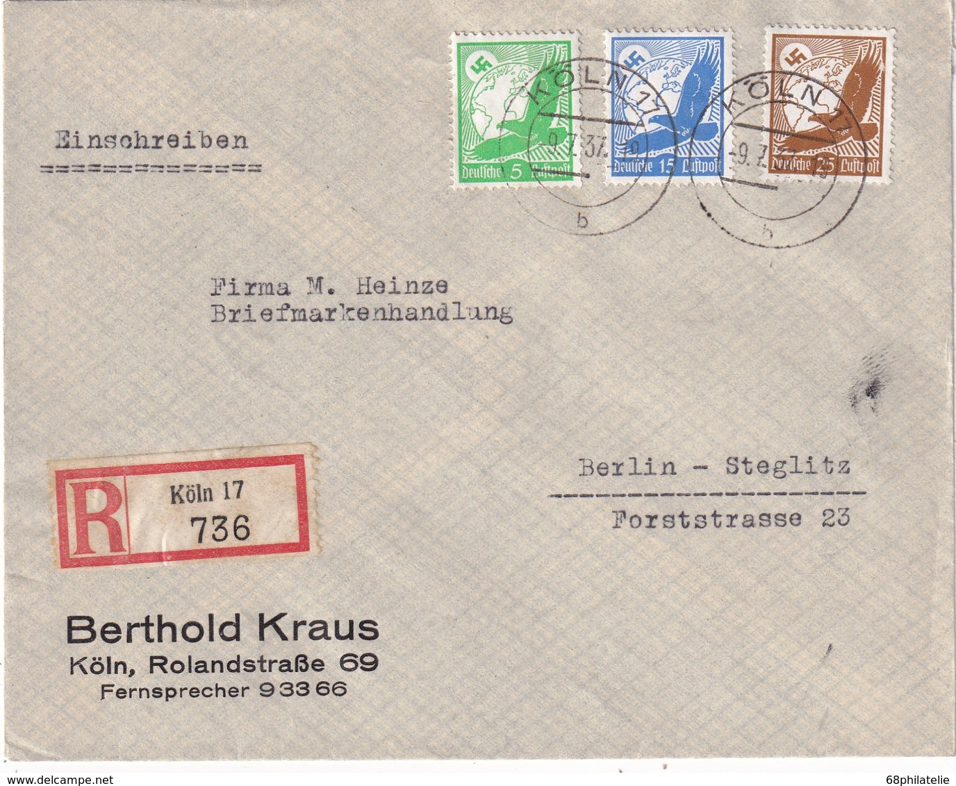 ALLEMAGNE  1937 LETTRE RECOMMANDEE DE KÖLN AVEC CACHET ARRIVEE BERLIN - Lettres & Documents