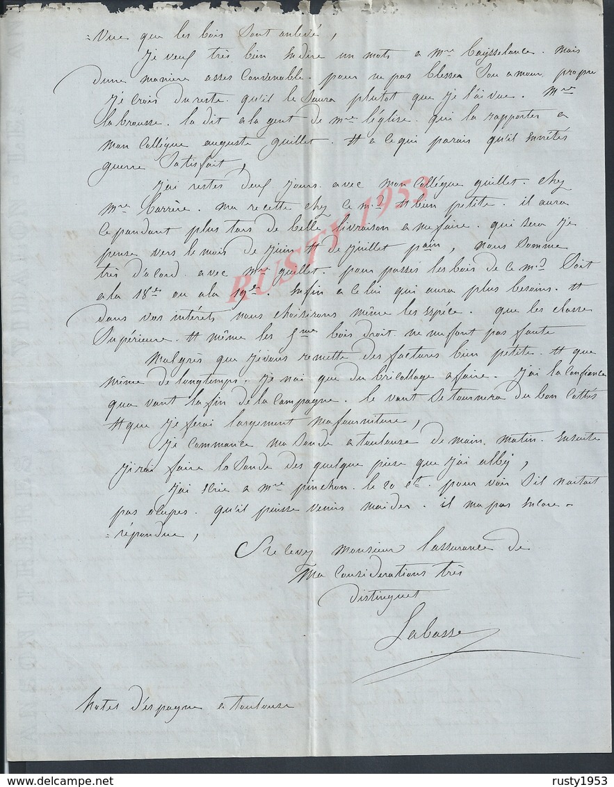 LETTRE DE 1864 DE LABASSE TOULOUSE SUJET BOIS A DESVARANNES FOURNISSEUR DE BOIS LA MARINE ANGERS : - Manuscripts