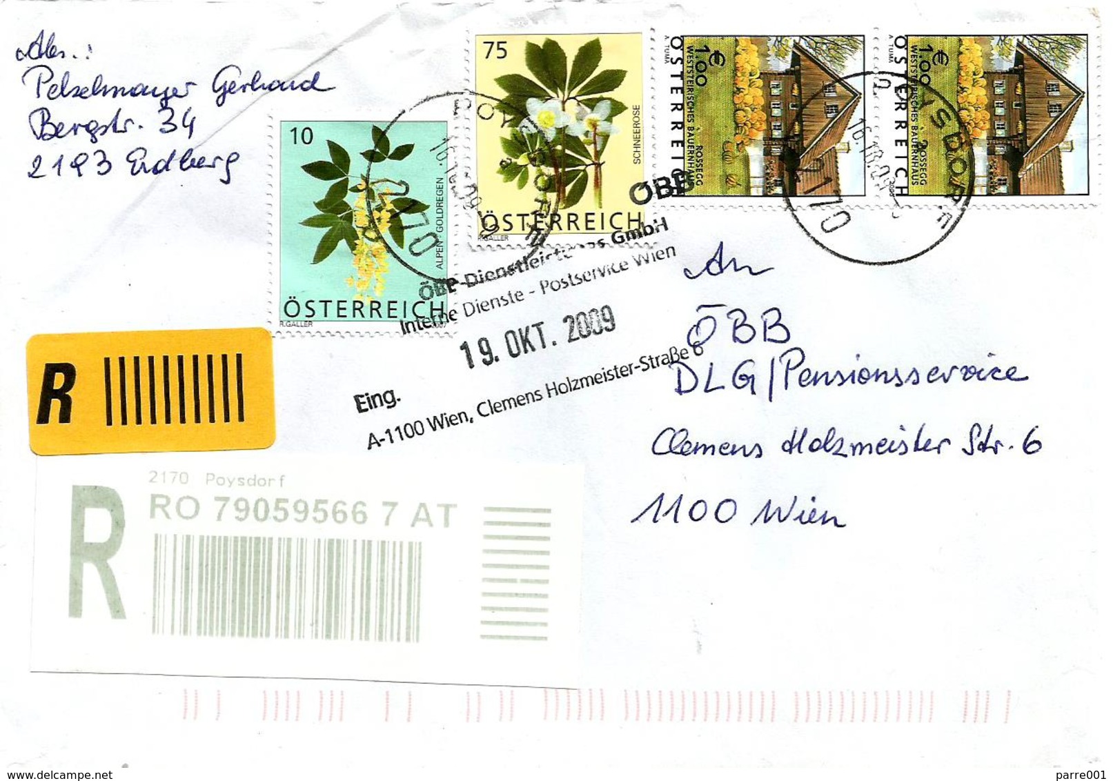 Austria Österreich 2009 Poysdorf Flowers Mountain House Registered Domestic Cover - Brieven En Documenten