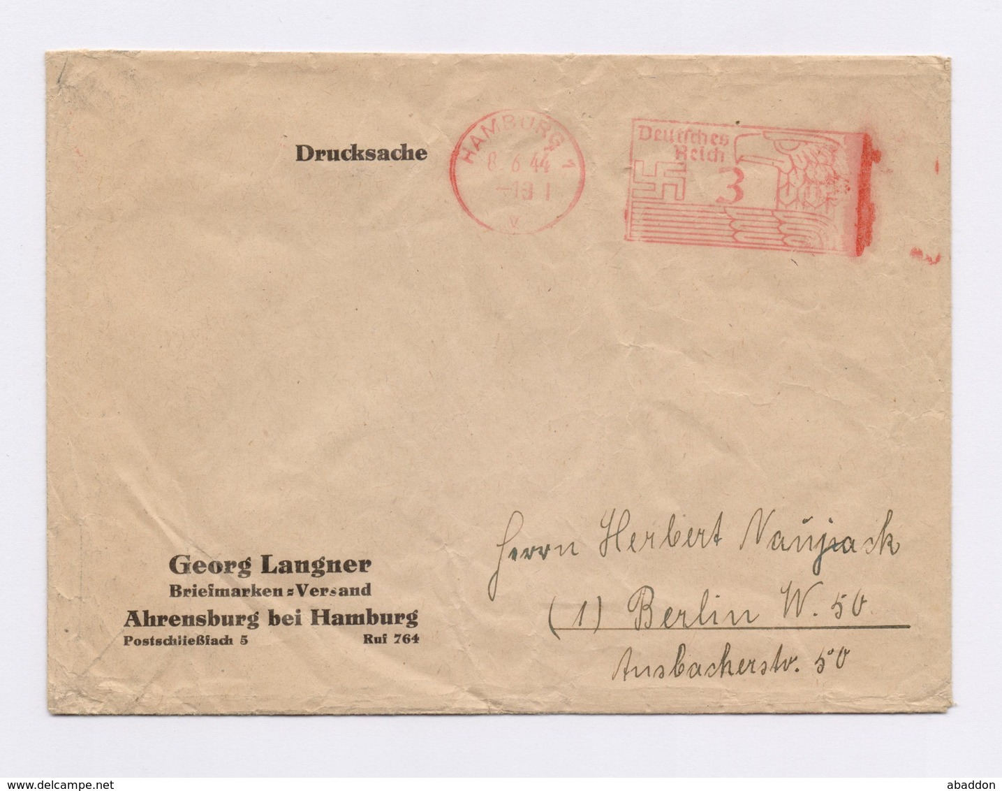 Firmen Umschlag Georg Langner Briefmarken Versand Ahrensburg, AFS HAMBURG, V, 3Pfg, 1944 - Maschinenstempel (EMA)