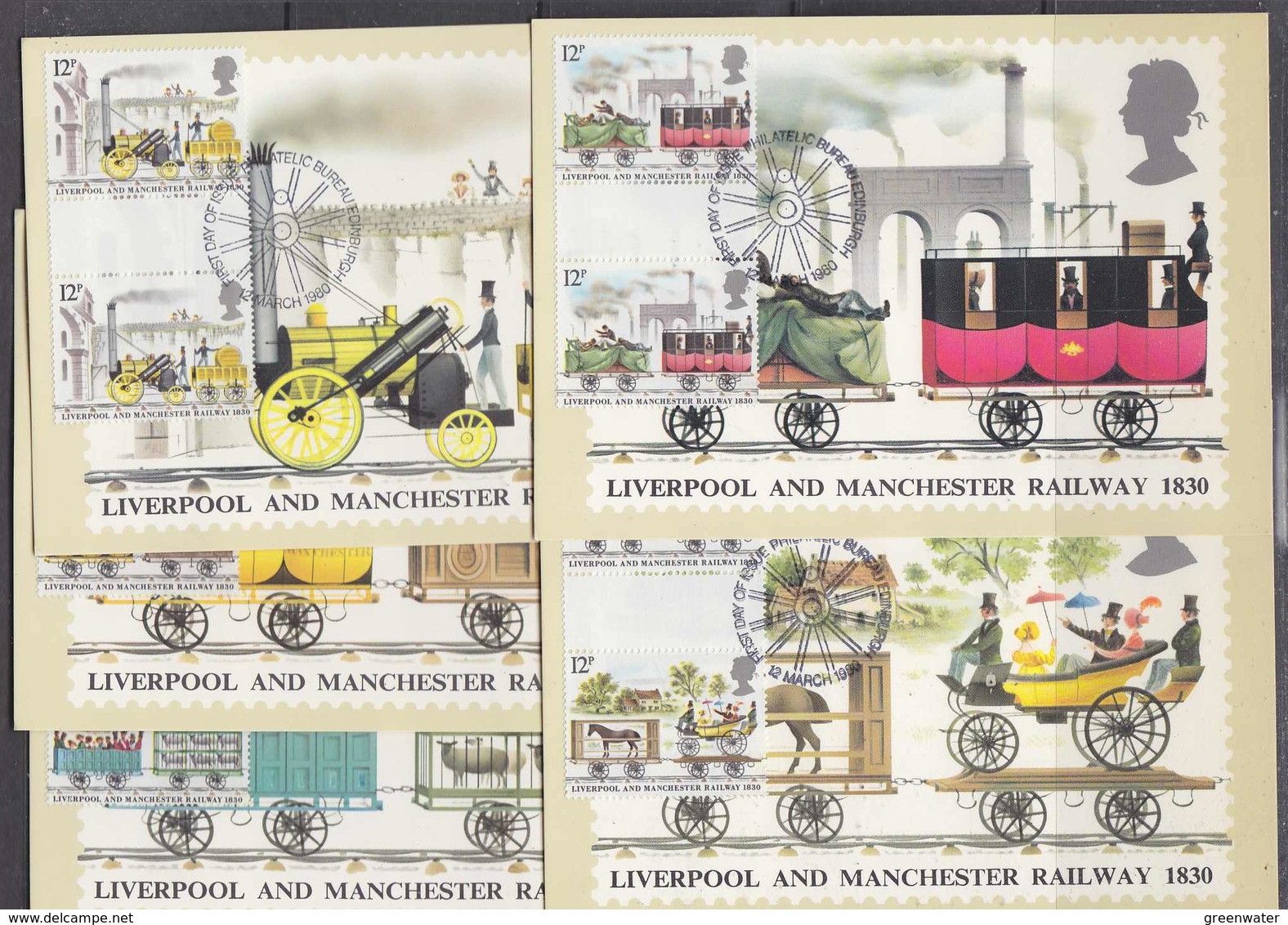 Great Britain 1980 Liverpool And Manchester Railway 1830 5v (in Gutter Pairs) 5 Maxicards (41391) - Cartes-Maximum (CM)