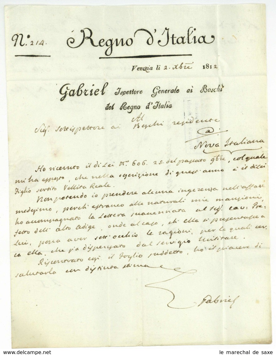 Royaume D'Italie GABRIEL Inspecteur General Des Forets VENISE 1812 Venezia En-tete Regno D'Italia - 1792-1815: Conquered Departments