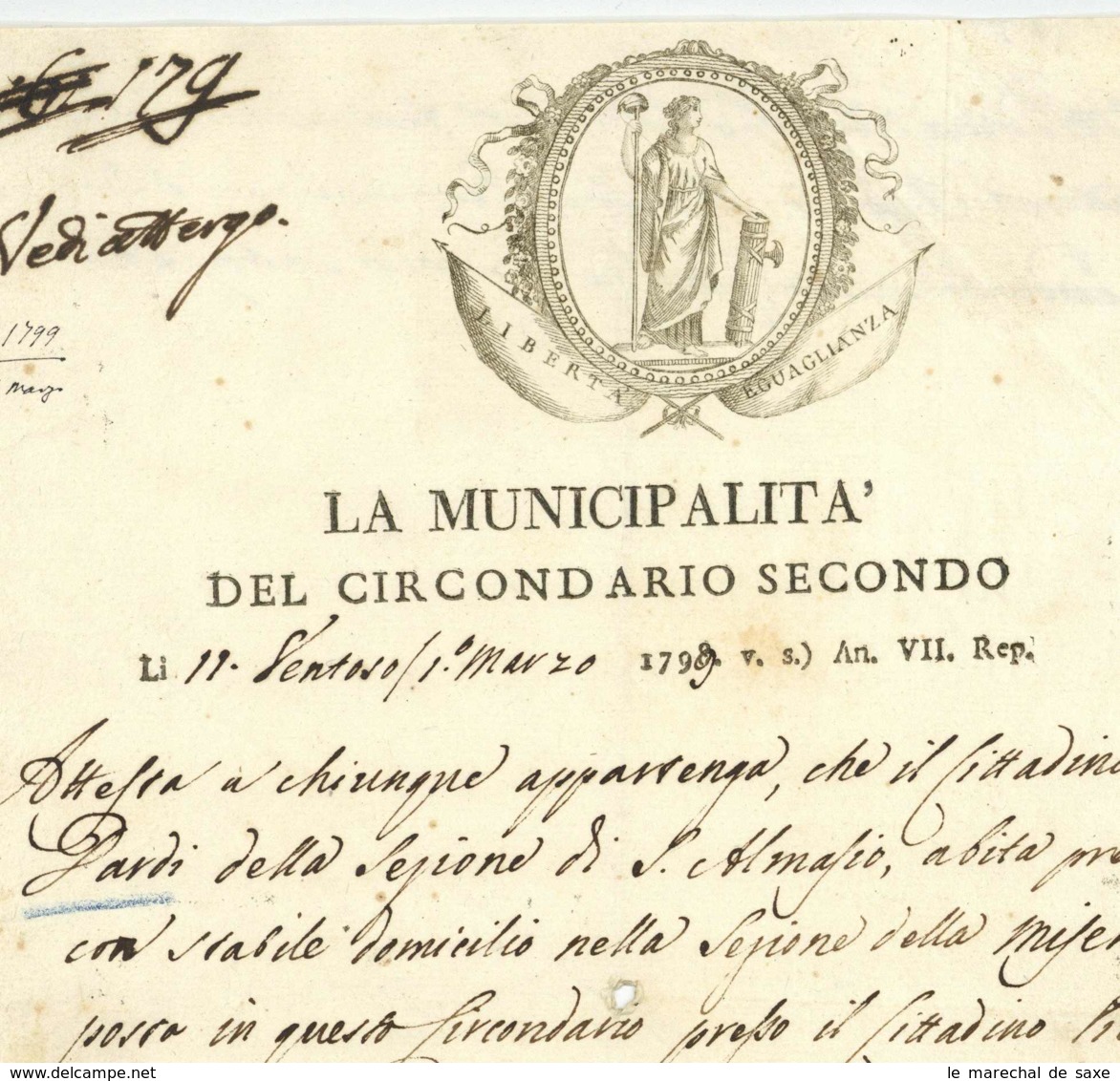 Republique Cisalpine 1799 Dipartimento Del Reno Municipalita Del Circondario Secondo San Almasio Vignette En-tete - Documenti Storici