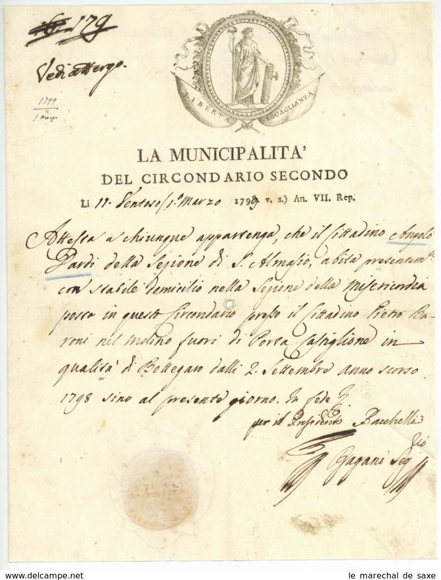 Republique Cisalpine 1799 Dipartimento Del Reno Municipalita Del Circondario Secondo San Almasio Vignette En-tete - Documenti Storici