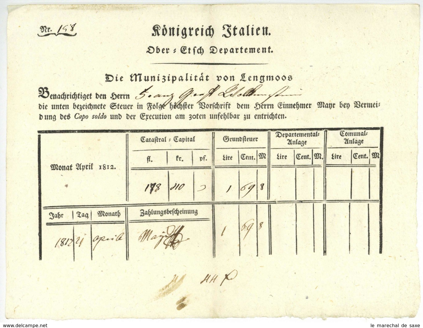 Königreich Italien 1812 Ober-Etsch-Departement LENGMOOS SUED TIROL Klobenstein Ritten Graf WOLKENSTEIN - Historical Documents