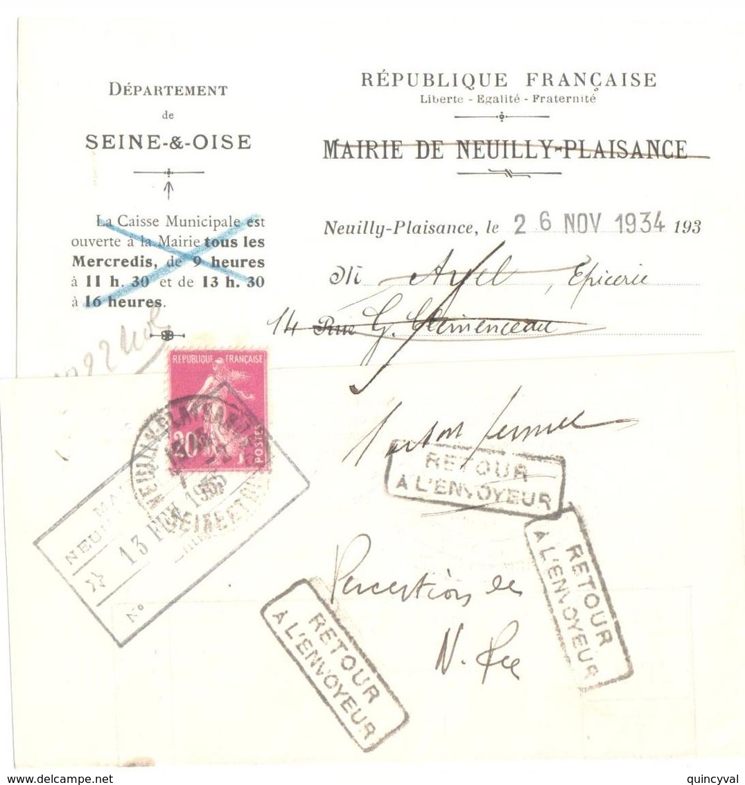 NEUILLY PLAISANCE Seine Oise Lettre Mairie 20c Semeuse Lilas Rose Yv 190 Retour à L'Envoyeur Ob 1 2 1935 - Covers & Documents