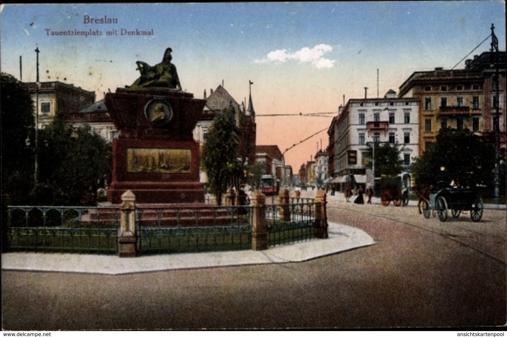 Cp Wrocław Breslau Schlesien, Partie Auf Dem Tauentzienplatz Mit Denkmal, Kutsche - Schlesien