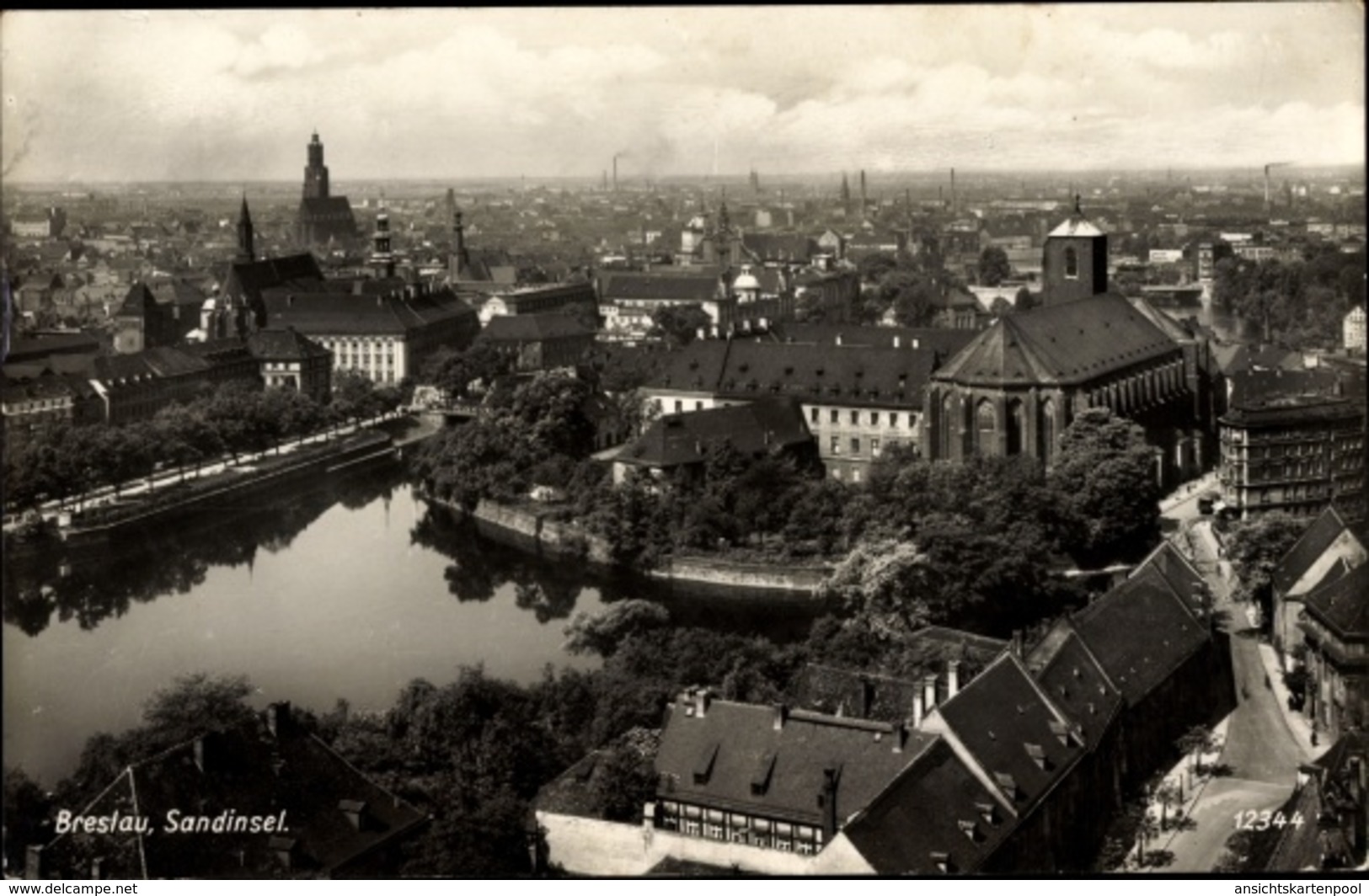 Cp Wrocław Breslau Schlesien, Teilansicht Der Stadt Mit Sandinsel, Kirche - Schlesien