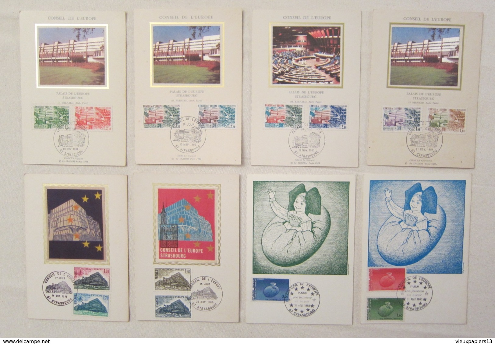 CARTE MAXIMUM - Lot De 8 Cartes 1978-85 Conseil De L'Europe 6 Sur Soie - Strasbourg - Lots & Serien