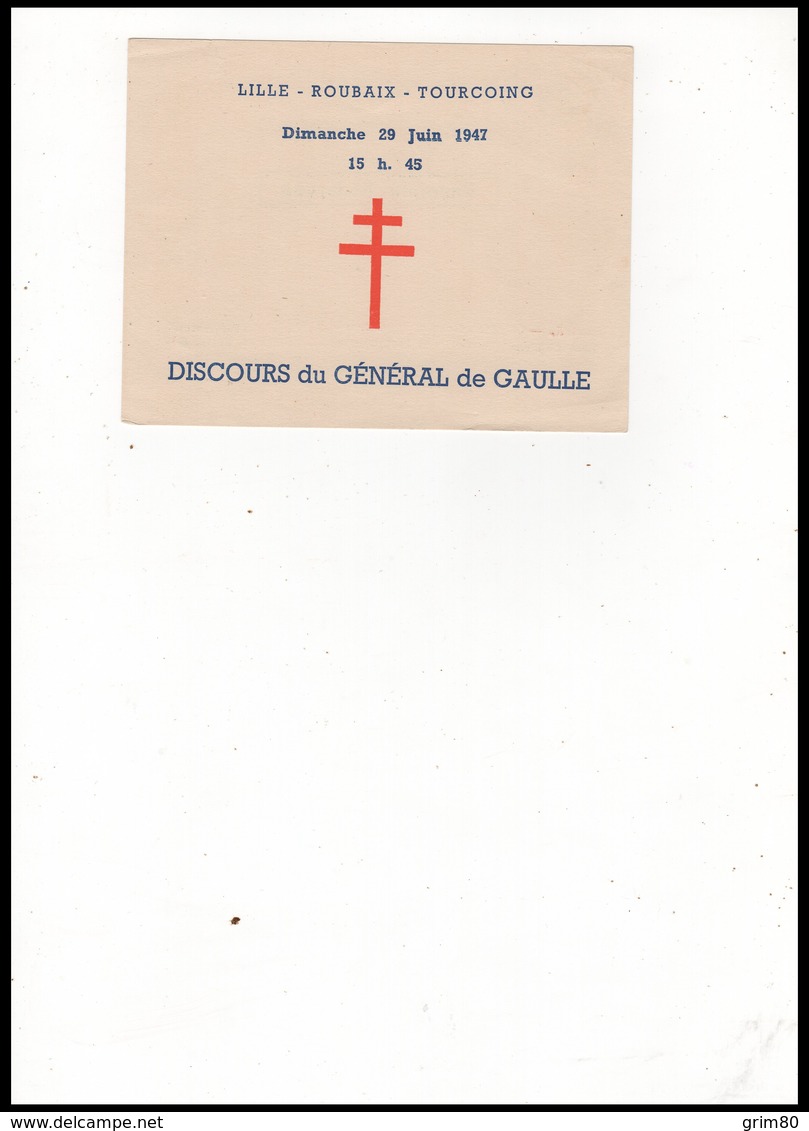 CARTON  D INVITATION  DISCOURS DE GAULLE   29 JUIN  1947 - Documents