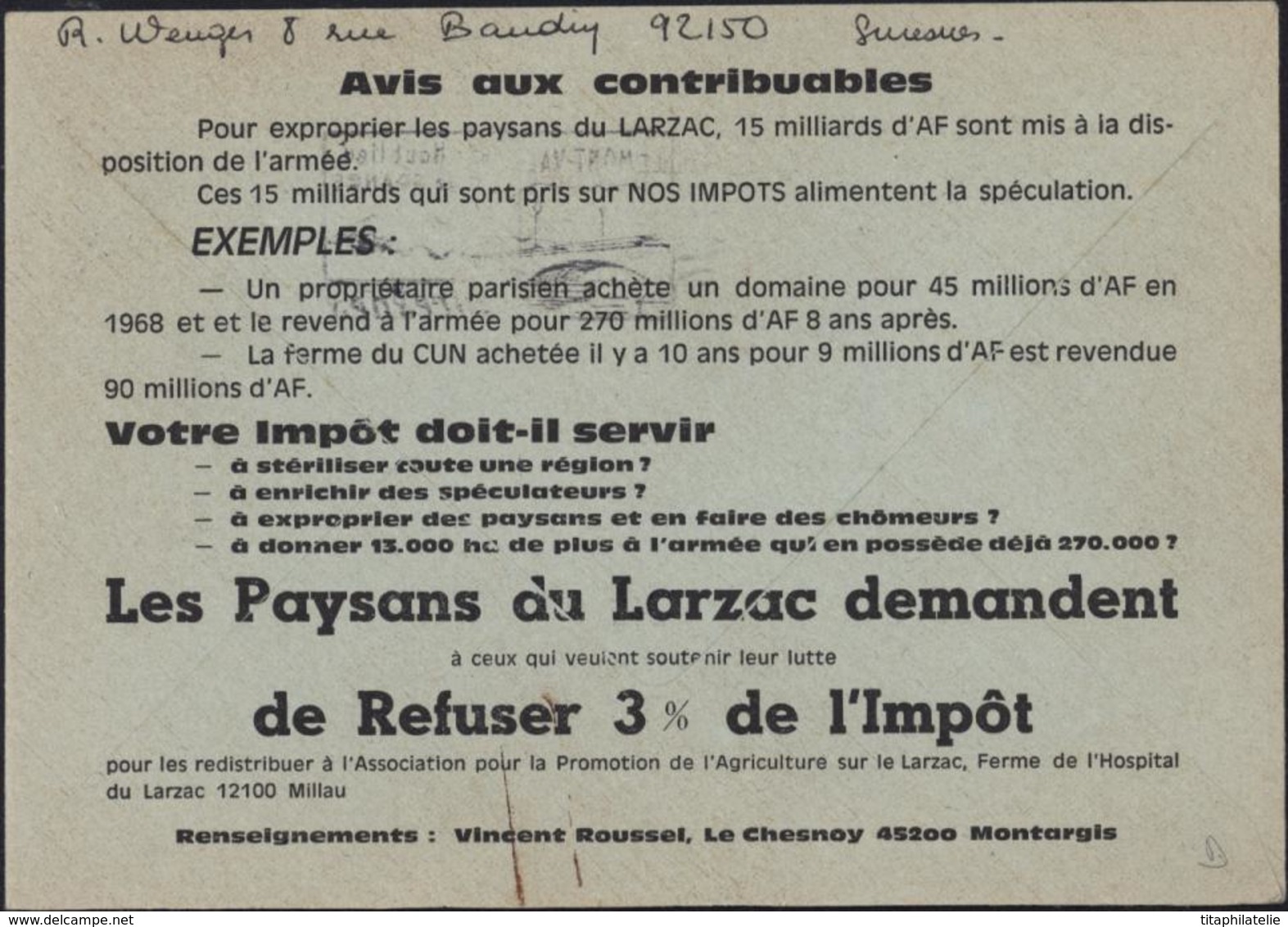 Enveloppe Illustrée Anti Militariste 15 Milliard D'impot à L'armée Pour Exproprier Paysans Du Larzac Refus Payer 3% - 1961-....