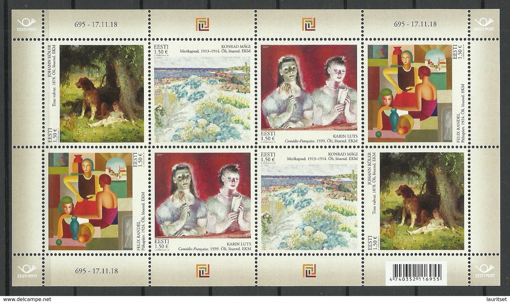 ESTLAND Estonia 2018 Michel 936 - 939 X 2 Complete Sheet Of 8 Stamps Estonian Art Painters Kunst MNH - Estonie