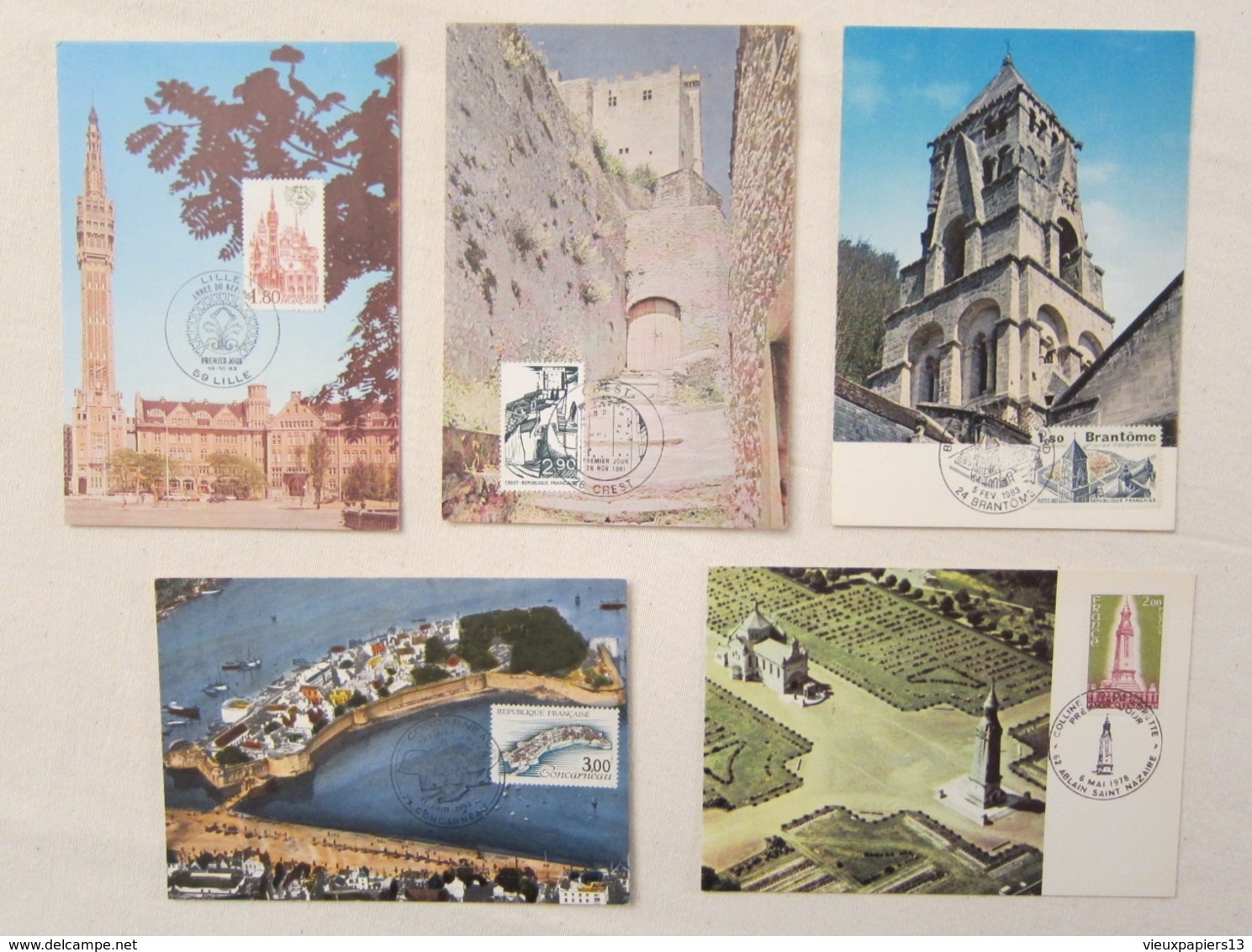 CARTE MAXIMUM Lot De 5 Cartes 1978-83 Brantôme - Concarneau - Colline De Lorette - Crest - Lille - Collections, Lots & Séries