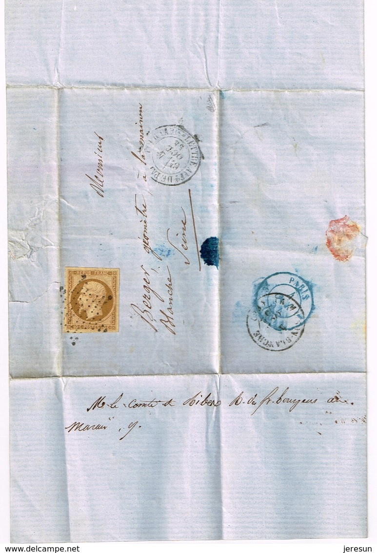 France 1854 N° 9 Superbe Sur Lettre Càd Paris 4/10/1854 Lettre Entière Rare Cachet Bleu Au Verso - 1852 Louis-Napoléon