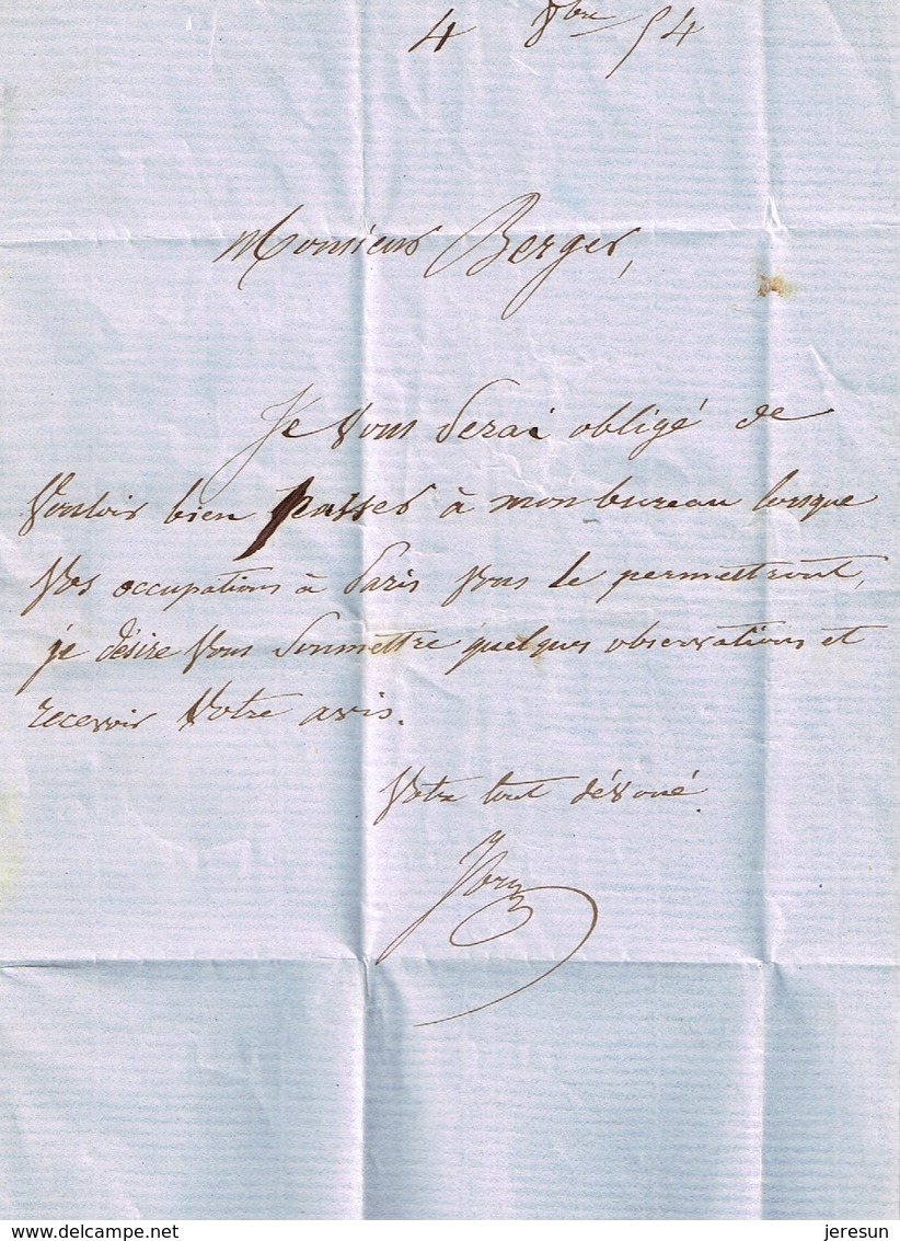 France 1854 N° 9 Superbe Sur Lettre Càd Paris 4/10/1854 Lettre Entière Rare Cachet Bleu Au Verso - 1852 Louis-Napoléon