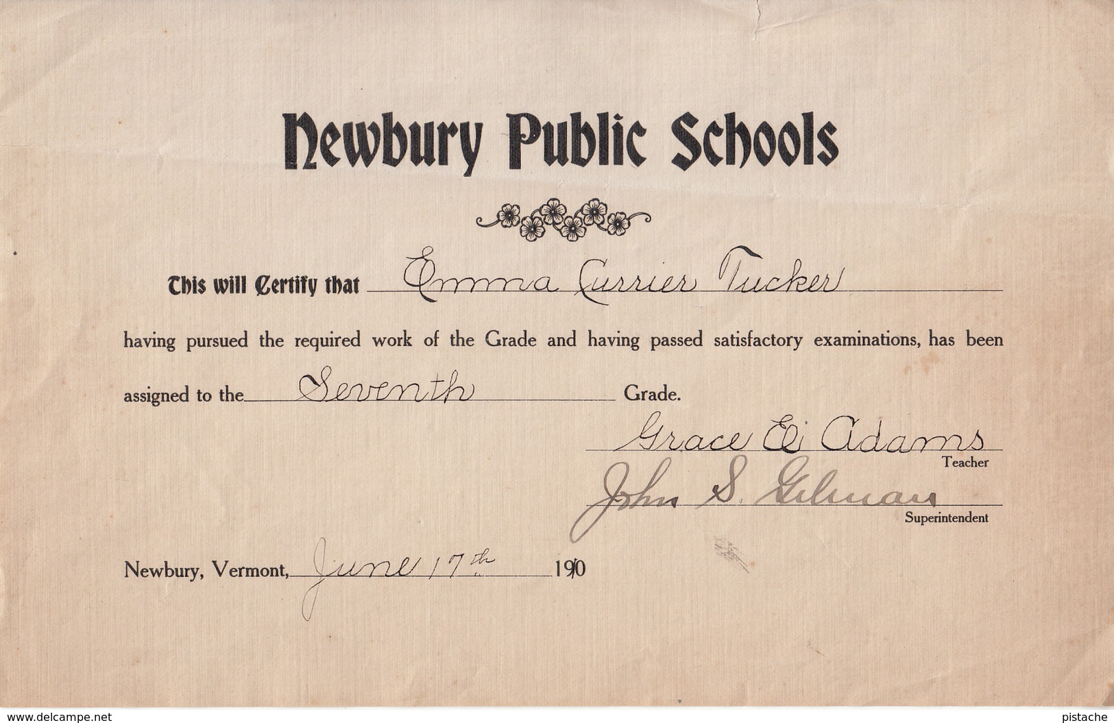 Newbury Public Schools School Certificate - Vermont - June 1910 - Emma Currier Tucker - Diploma & School Reports