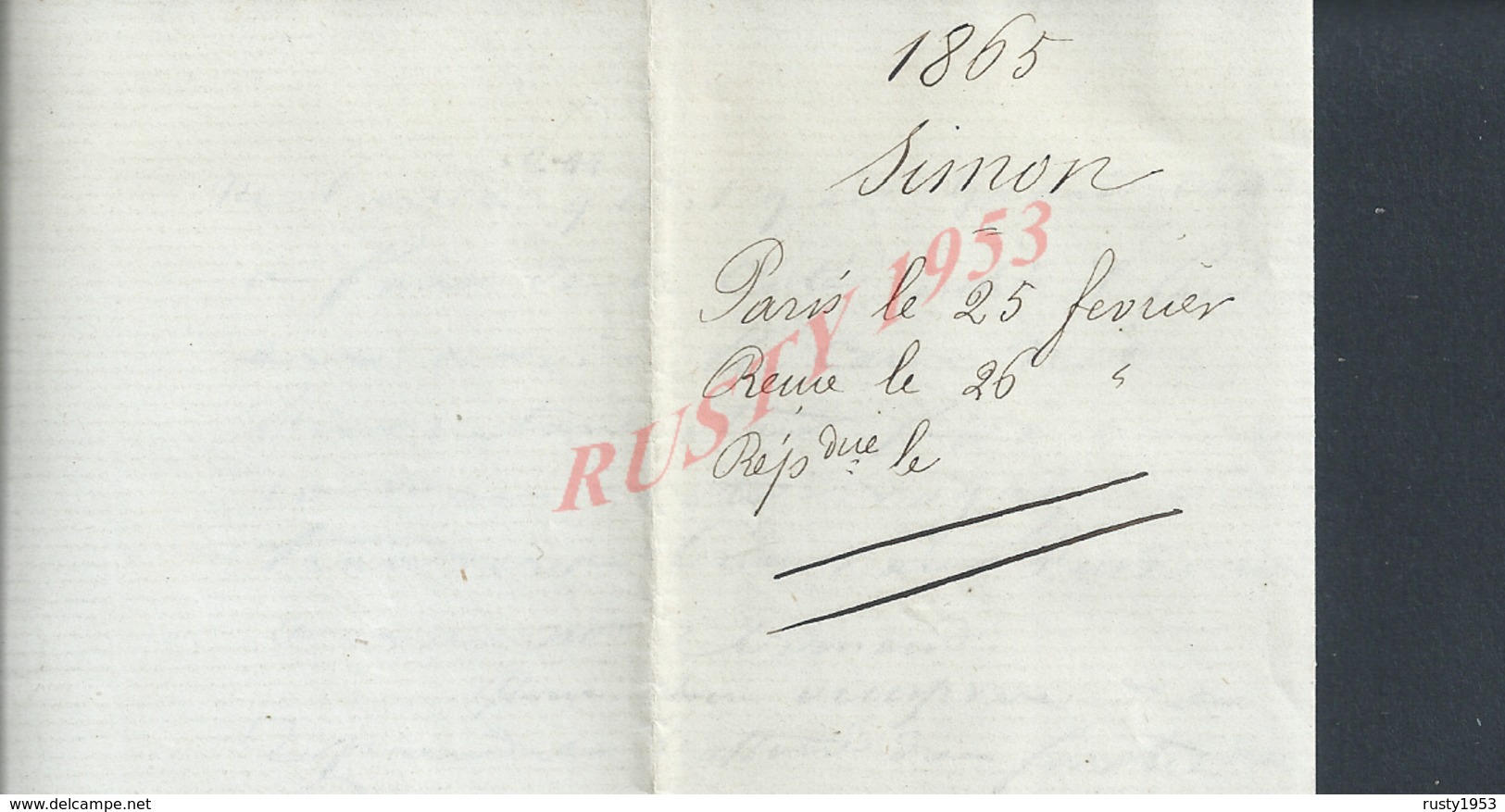 LETTRE DE SIMON 1865 ECRITE DE PARIS A DESVARANNES FOURNISSEUR DE BOIS LA MARINE ANGERS : - Manuscritos
