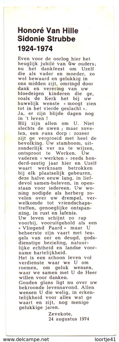 Gouden Jubileum 50 Jaar Huwelijk Honoré Van Hille X Sidonie Strubbe - 1924 - 1974 - Zevekote - Autres & Non Classés