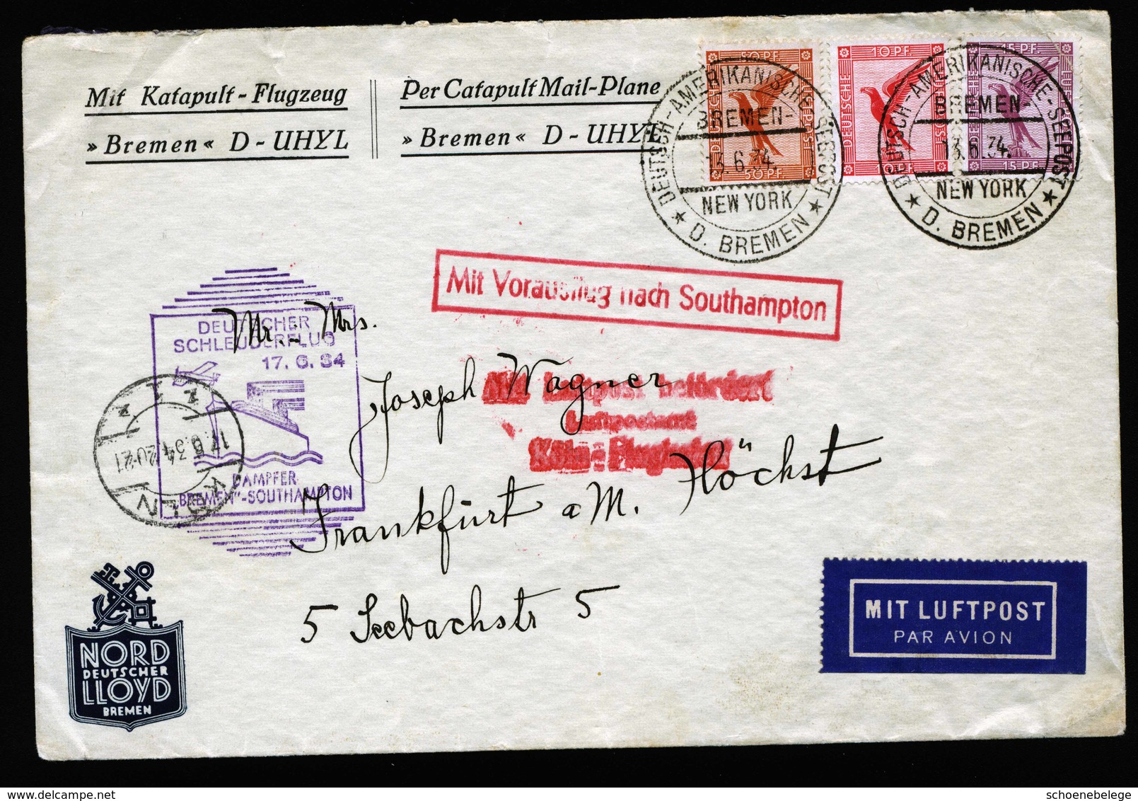 A5728) DR Katapultflugbrief 13.06.34 Nach Frankfurt Luftpost Köln - Briefe U. Dokumente