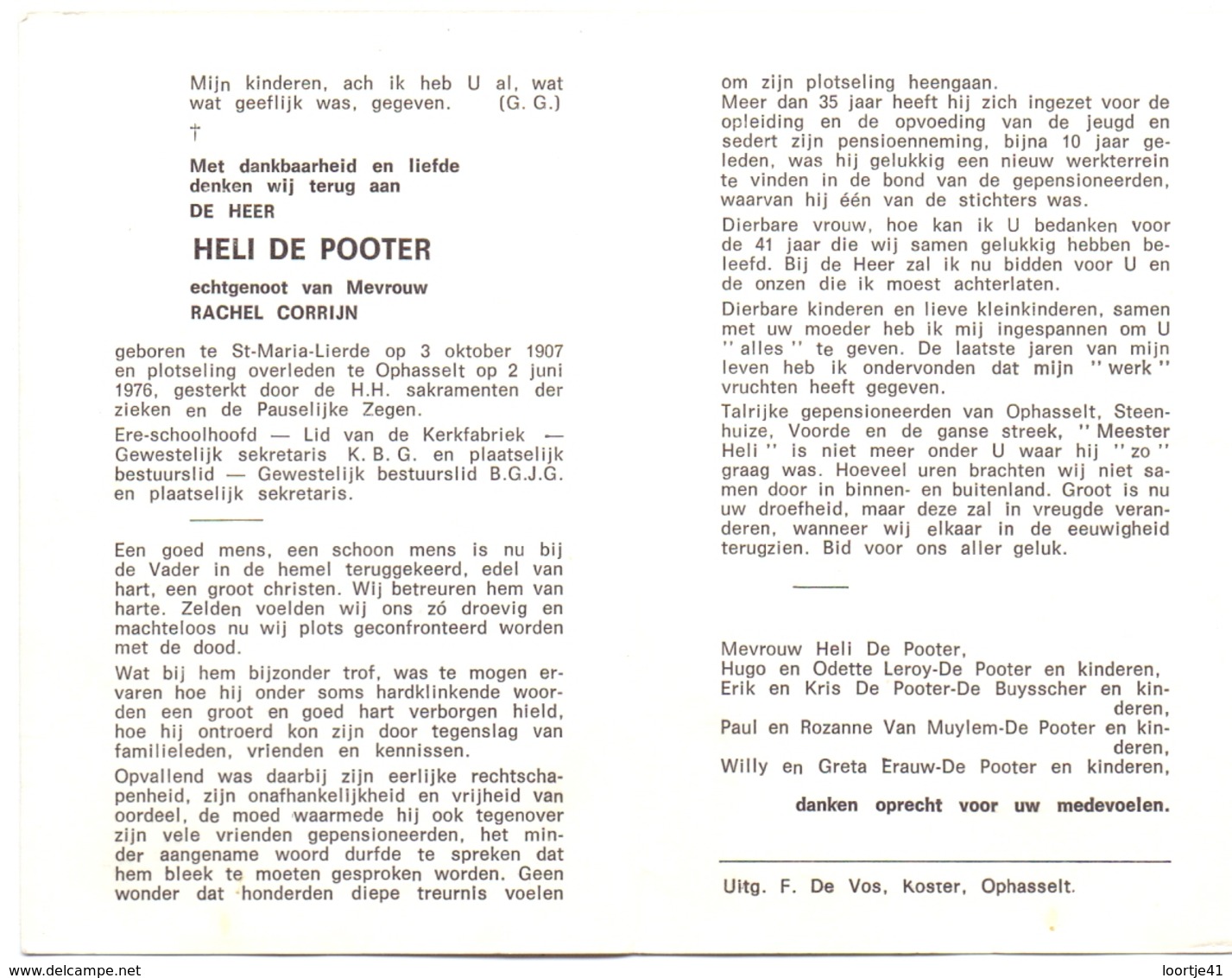 Devotie - Doodsprentje Overlijden - Ere Schoolhoofd Heli De Pooter - St Maria Lierde 1907 - Ophasselt 1976 - Autres & Non Classés