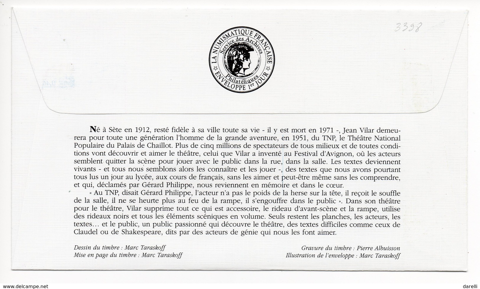 FDC France 2001 - Jean Vilar - YT 3398  - 34 Sète (Réf A1352) - 2000-2009