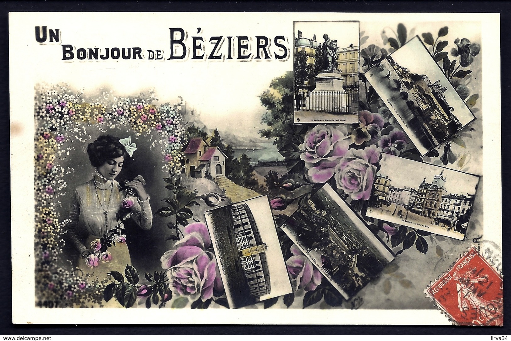 CPA ANCIENNE FRANCE- CARTE SOUVENIR DE BÉZIERS- UN BONJOUR DE BEZIERS- VUES MULTIPLES- BITTEROISE- FLEURS- - Gruss Aus.../ Grüsse Aus...