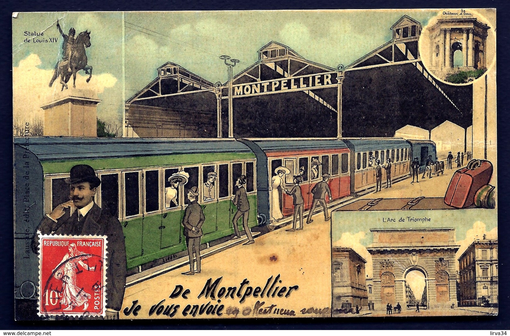 CPA ANCIENNE FRANCE- CARTE SOUVENIR DE MONTPELLIER- LA GARE- TRAIN GROS PLAN- PASSAGERS- VUES MULTIPLES - Souvenir De...