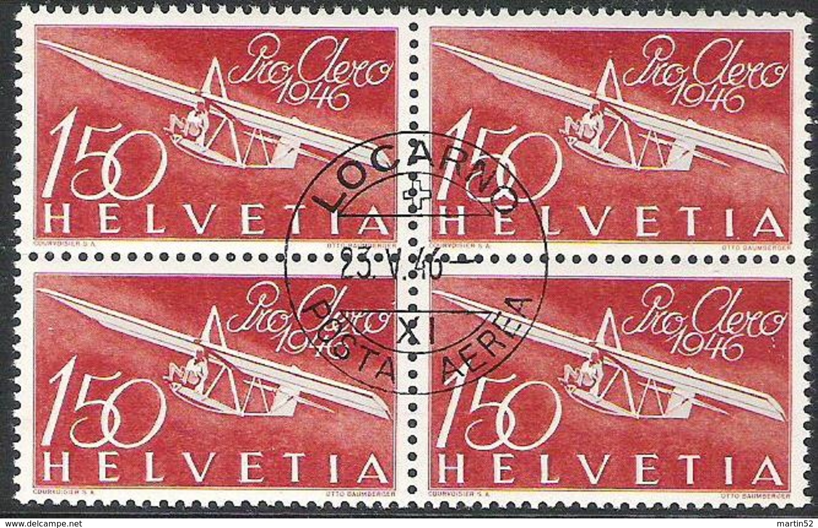 Schweiz Suisse 1946: PRO AERO "Gleiter Zögling" Zu 41 Mi 470 Yv PA40 Block O LOCARNO 23.V.46 (Zu CHF 190.00) - Used Stamps