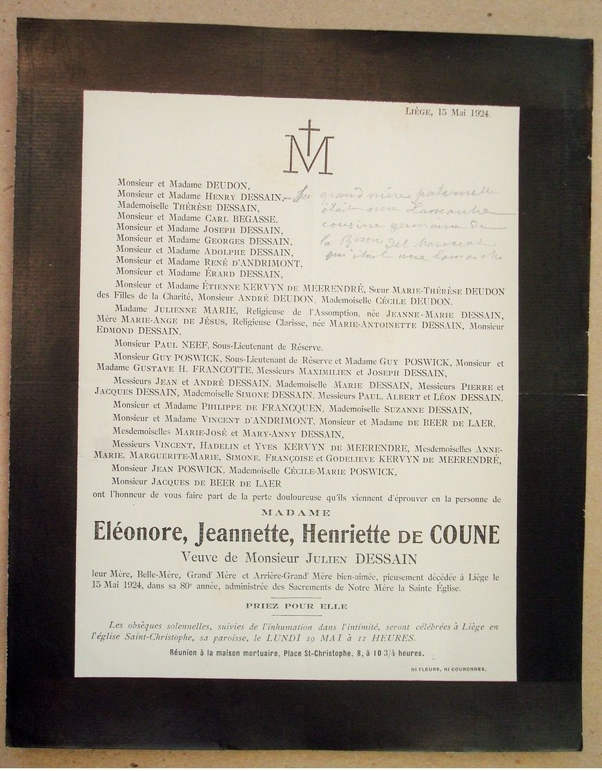 Faire-part Décès Eléonore De COUNE Veuve Julien DESSAIN. - Liège, 1924. - Décès