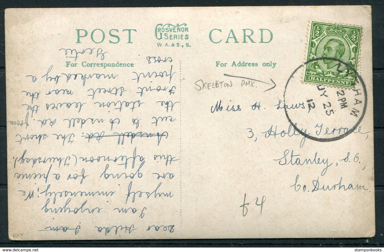 1912 GB Woodlands Road, Ansdell Postcard. Lytham Skeleton Postmark - Stanley, Co. Durham - Covers & Documents