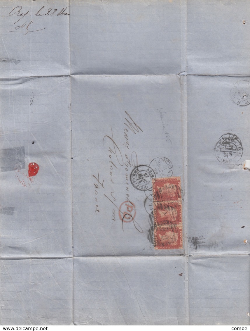 COVER GREAT BRITAIN. 26 3 1873. 100 LONDON TO FRANCE.  STRIP 3 X HL.IL.JL. Pl 125. PD CHALON-S-MARNE - Briefe U. Dokumente