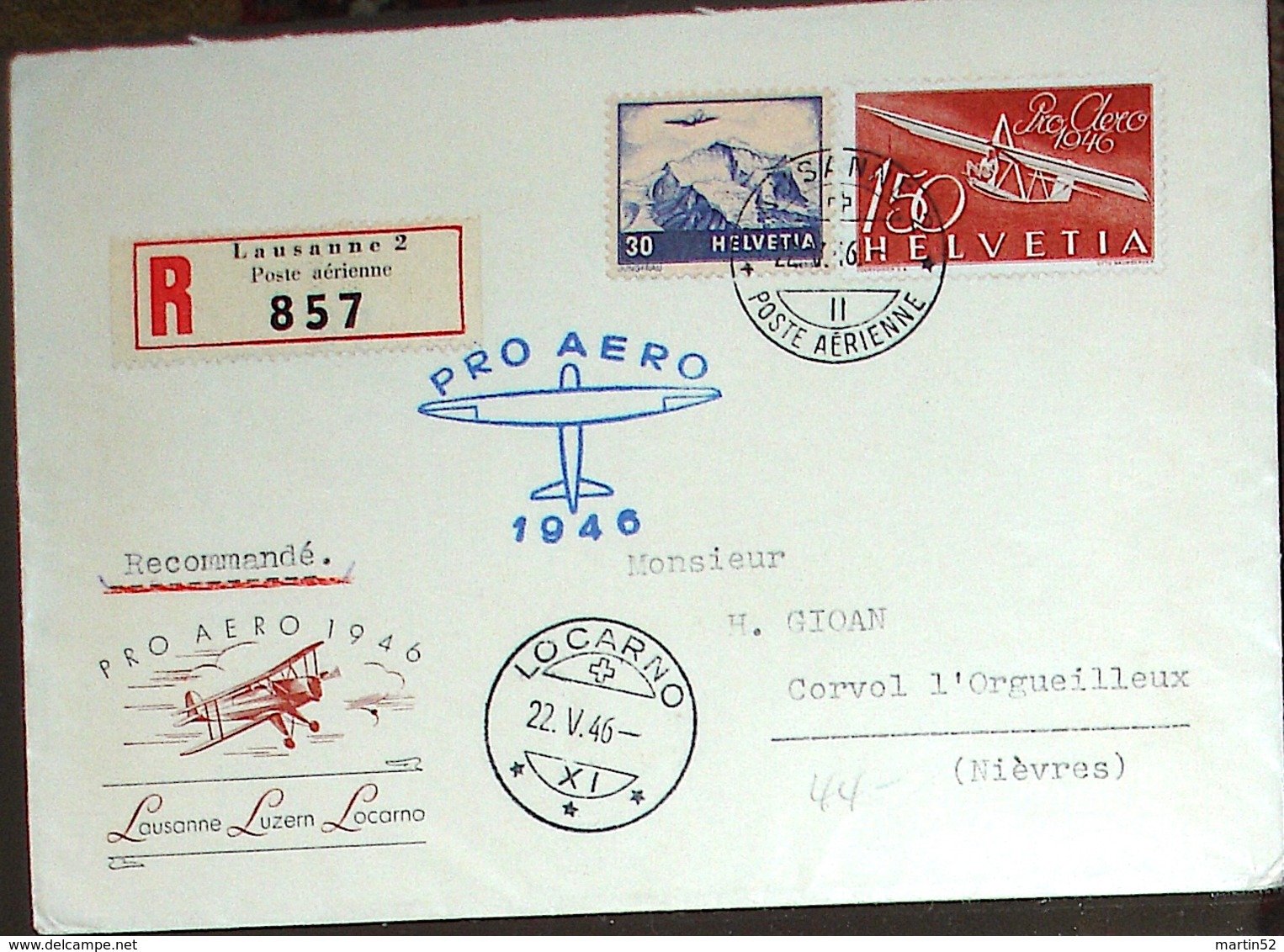 Schweiz Suisse 1946: Pro Aero Zu F41 Mi 470 Yv PA 40 Auf R-Brief Von LAUSANNE 22.V.46 Nach LOCARNO (Zu CHF 65.00) - Premiers Vols