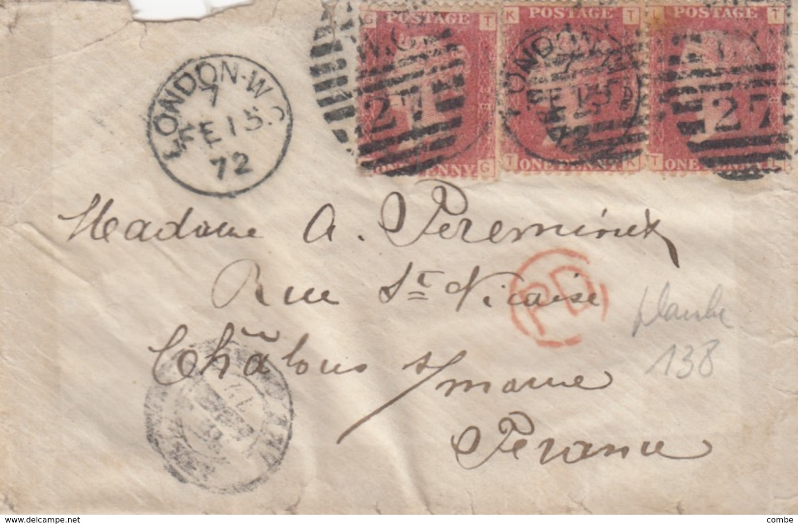 COVER GREAT BRITAIN. 15 2 1872. . WC 27  LONDON TO FRANCE.  GT-KT-LT. Pl 138. PD TP CHALON-S-MARNE - Lettres & Documents