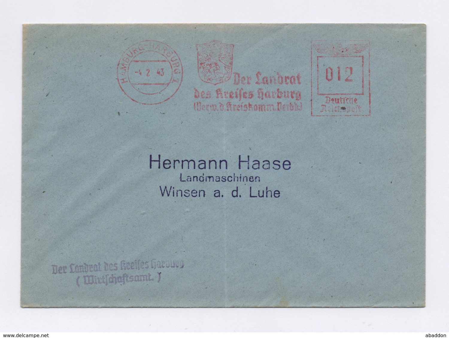 Firmen Umschlag Hermann Haase Landmaschinen-Geräte WINSEN + AFS HAMBURG HARBURG, Der Landrat 1943 - Maschinenstempel (EMA)