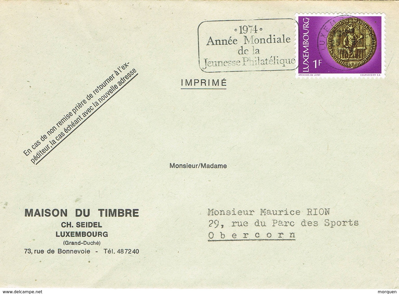 30675. Carta Imprimé LUXEMBOURG 1974. Slogan Année Mondiale Jeunesse Philatelique. Impresos - Covers & Documents