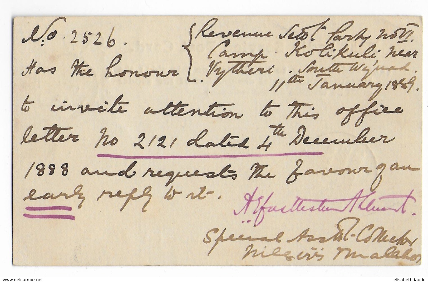 EAST INDIA - 1889 - ENVELOPPE ENTIER POSTAL De SERVICE De VAYITRI => TANJORE - 1882-1901 Keizerrijk