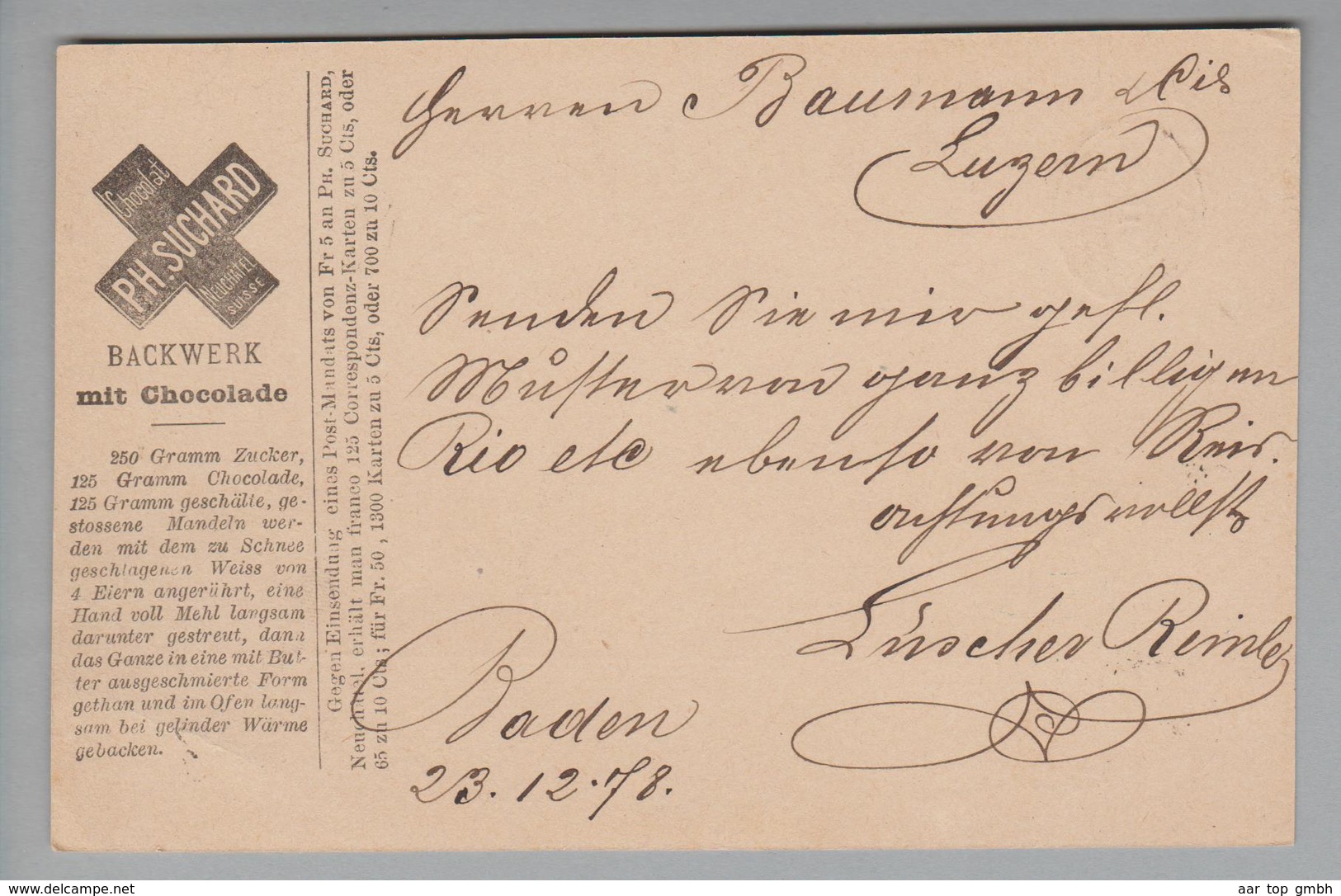 Schweiz Ganzsache 1878-12-23 Baden Mit Zudruck Suchard Backwerk Mit Chocolade - Entiers Postaux