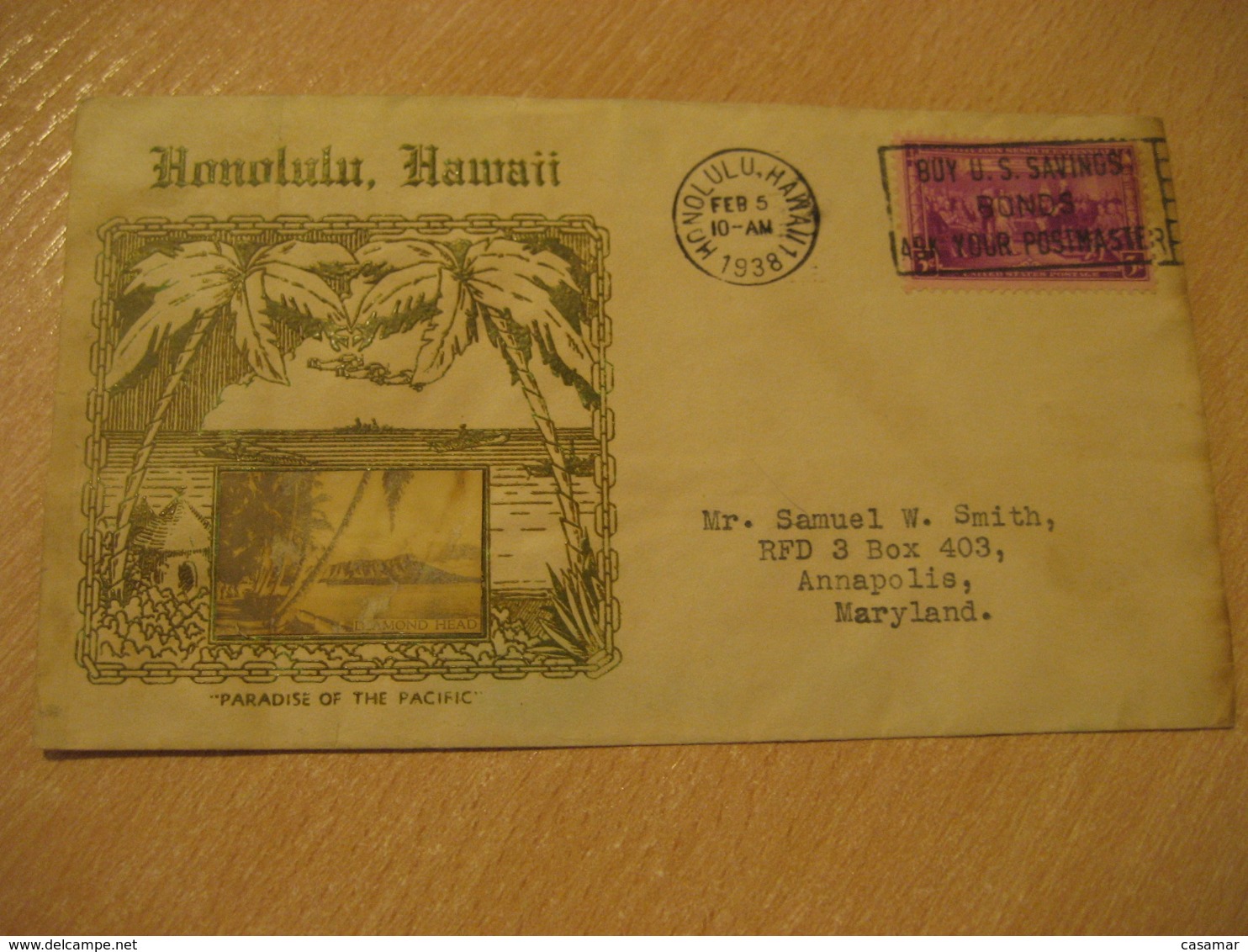 HONOLULU 1938 ACME Trans-Pacific Service Paradise Of Pacific Diamond Head Buy U.S. Savings Bonds HAWAII Cancel Cover USA - Hawaii