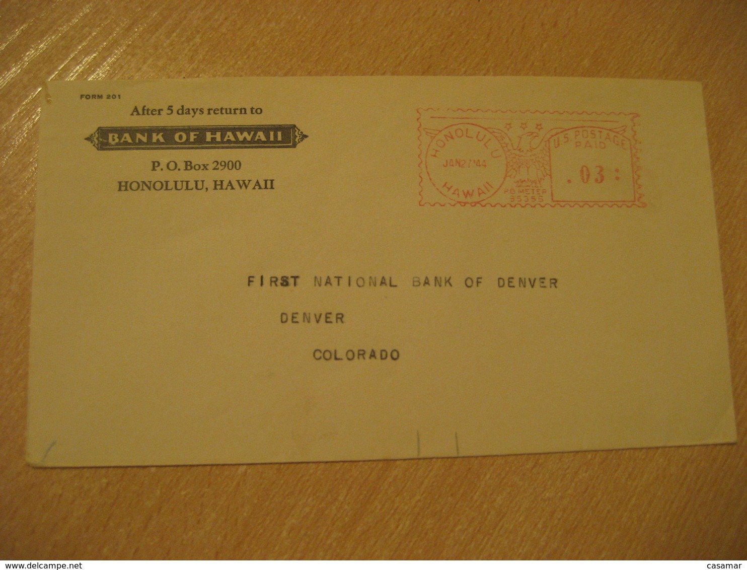 HONOLULU 1944 Bank Of HAWAII Meter Mail Cancel Cover USA - Hawai