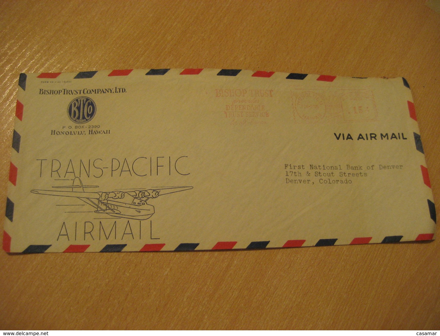 HONOLULU 1945 Bishop Trust Company Trans-Pacific Airmail HAWAII Meter Mail Cancel Cover USA - Hawaï