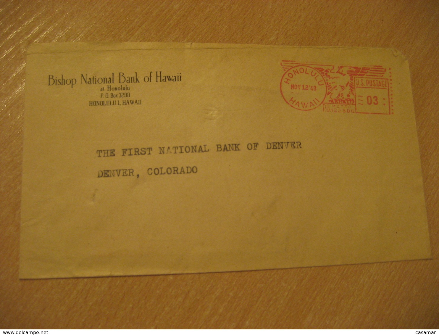 HONOLULU 1948 Bishop National Bank Of HAWAII Meter Mail Cancel Cover USA - Hawai